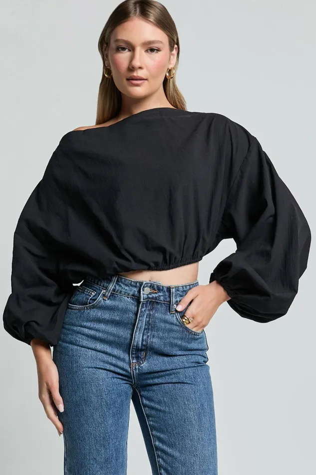 Alesia Top 8211 Asymmetrical Boat Neck Elastic Hem Crop Top In Black Women Showpo Tops
