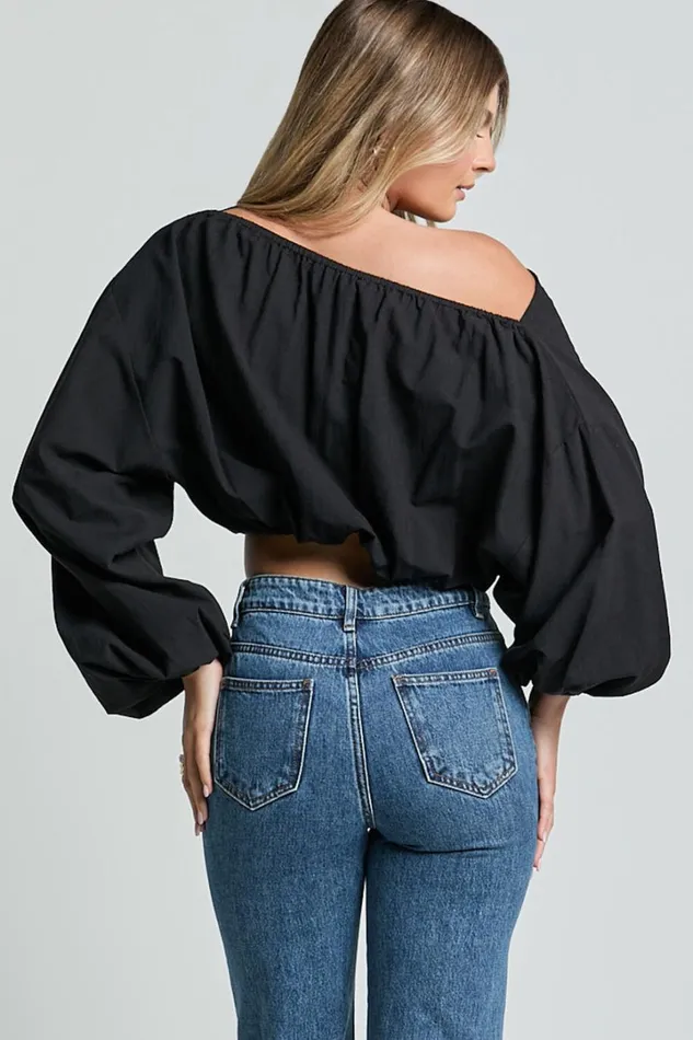 Alesia Top 8211 Asymmetrical Boat Neck Elastic Hem Crop Top In Black Women Showpo Tops