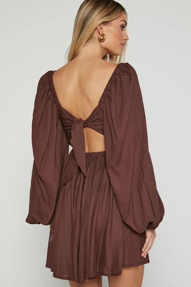 Alessandra Mini Dress 8211 Linen Look Puff Sleeves Dress In Chocolate Women Showpo Dresses
