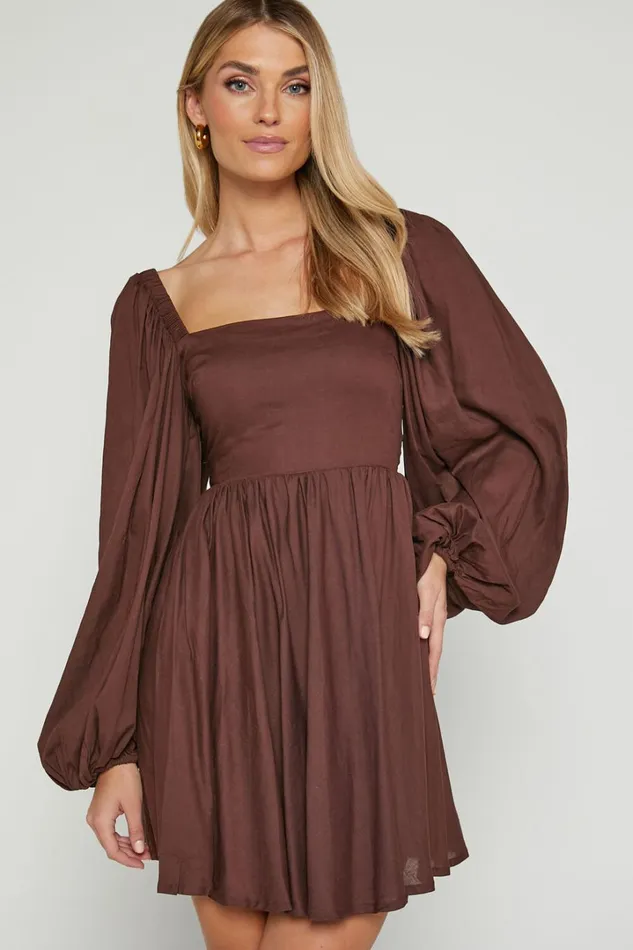 Alessandra Mini Dress 8211 Linen Look Puff Sleeves Dress In Chocolate Women Showpo Dresses