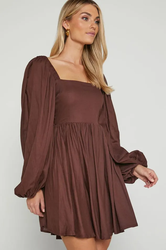 Alessandra Mini Dress 8211 Linen Look Puff Sleeves Dress In Chocolate Women Showpo Dresses