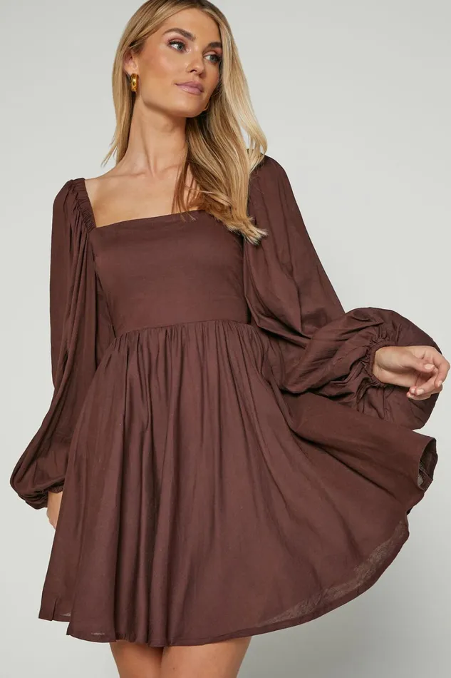 Alessandra Mini Dress 8211 Linen Look Puff Sleeves Dress In Chocolate Women Showpo Dresses
