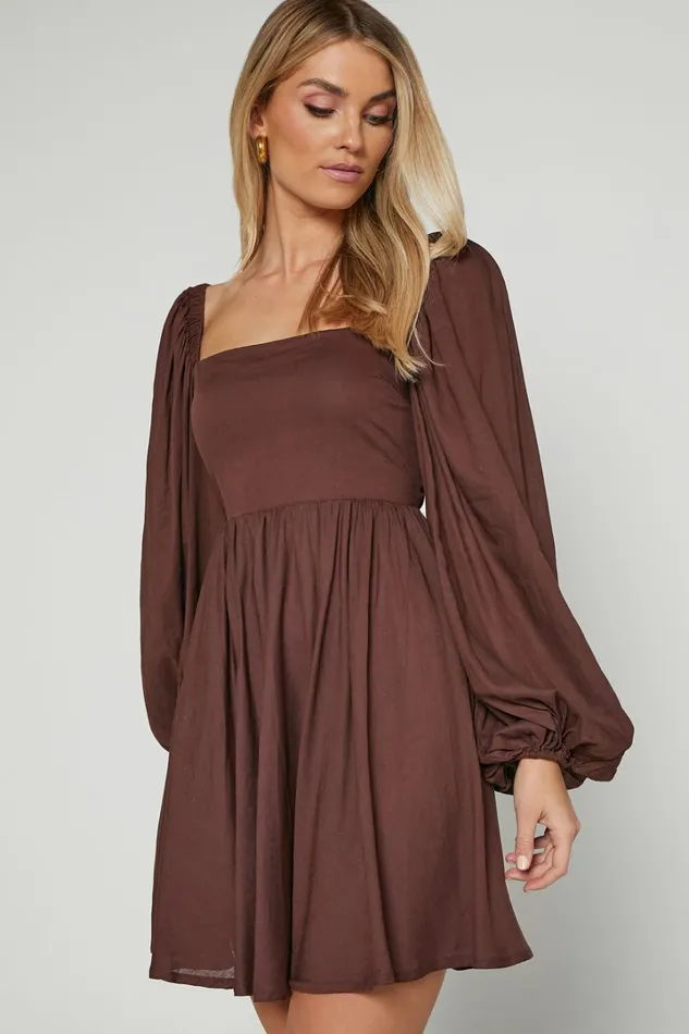 Alessandra Mini Dress 8211 Linen Look Puff Sleeves Dress In Chocolate Women Showpo Dresses