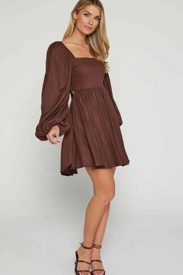 Alessandra Mini Dress 8211 Linen Look Puff Sleeves Dress In Chocolate Women Showpo Dresses