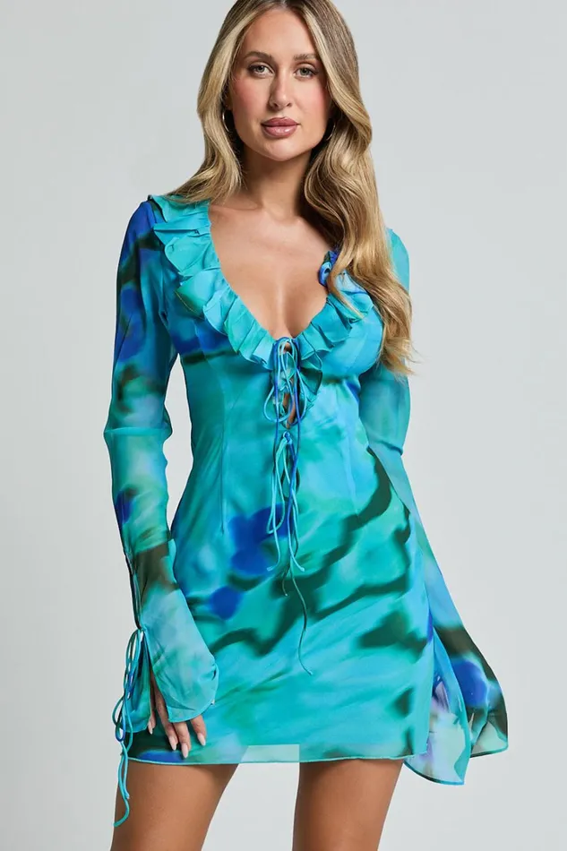 Alesya Mini Dress 8211 Ruffle Plunge Neck Long Sleeve Tie Detail Dress In Blue Floral Print Women Showpo Curve Clothes