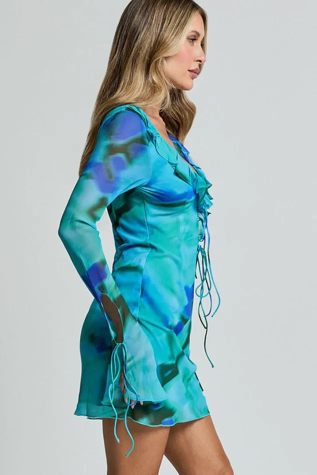 Alesya Mini Dress 8211 Ruffle Plunge Neck Long Sleeve Tie Detail Dress In Blue Floral Print Women Showpo Curve Clothes