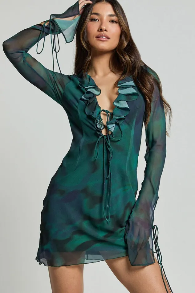 Alesya Mini Dress 8211 Ruffle Plunge Neck Long Sleeve Tie Detail Dress In Moss Adeana Women Showpo Dresses Alesya Mini Dress 8211 Ruffle Plunge Neck Long Sleeve Tie Detail Dress In Moss Adeana Women Showpo Dresses