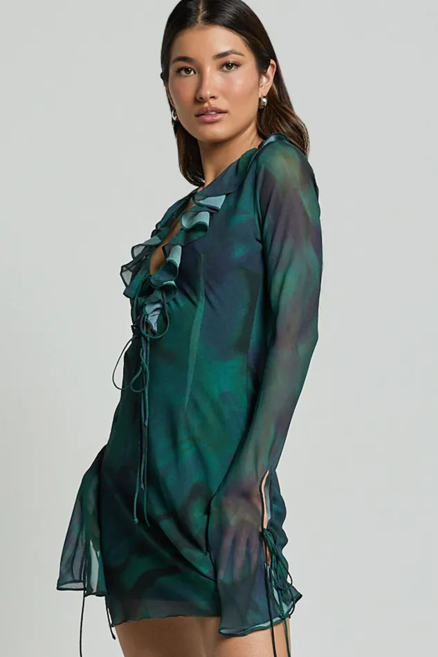 Alesya Mini Dress 8211 Ruffle Plunge Neck Long Sleeve Tie Detail Dress In Moss Adeana Women Showpo Dresses