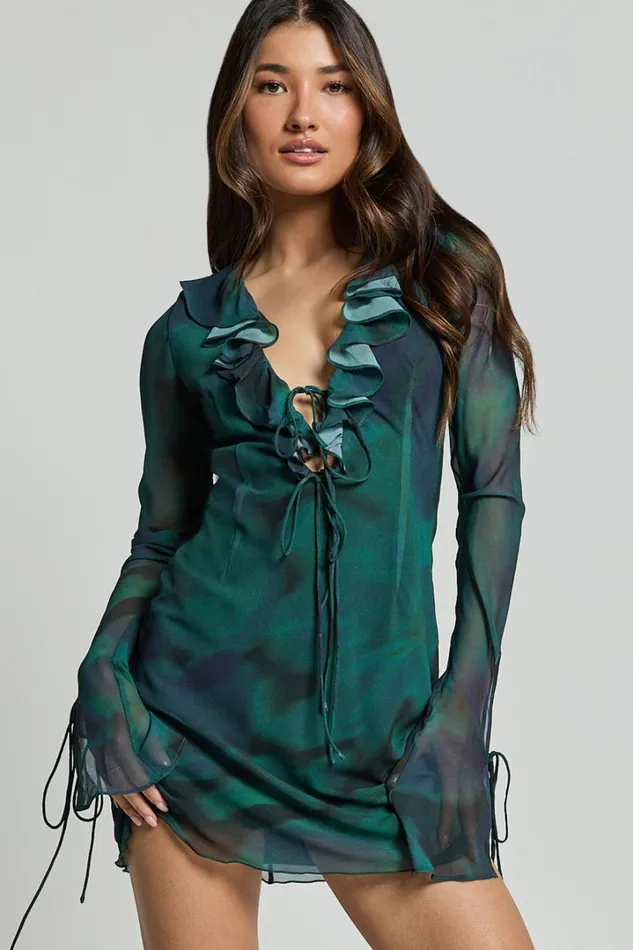 Alesya Mini Dress 8211 Ruffle Plunge Neck Long Sleeve Tie Detail Dress In Moss Adeana Women Showpo Dresses