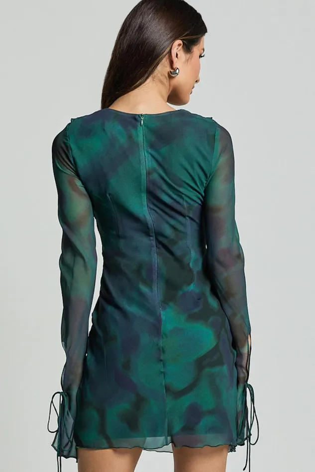 Alesya Mini Dress 8211 Ruffle Plunge Neck Long Sleeve Tie Detail Dress In Moss Adeana Women Showpo Dresses