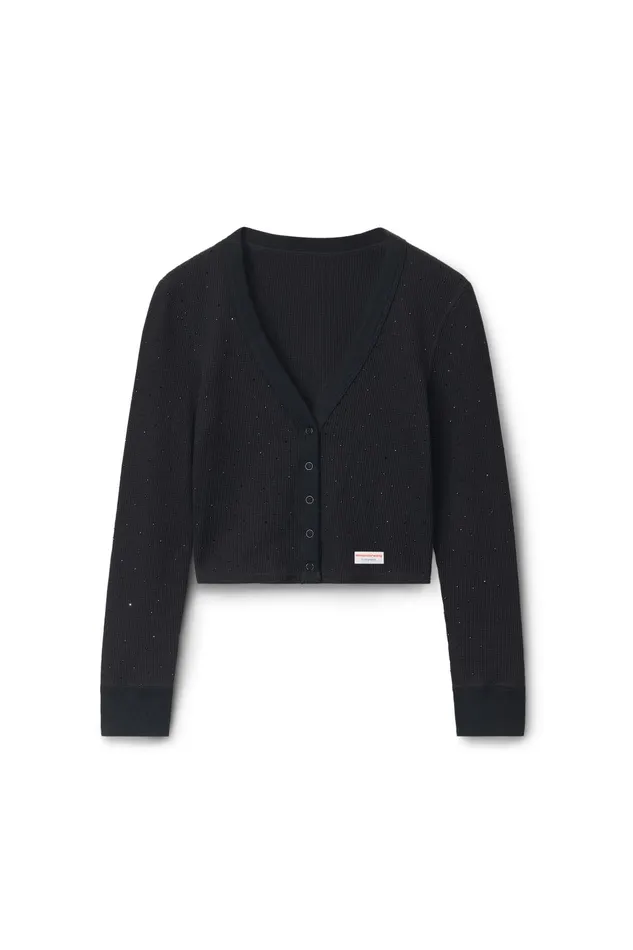 Alexander Wang Bodywear Crystal Hotfix LongSleeve Cardigan In Waffle Knit