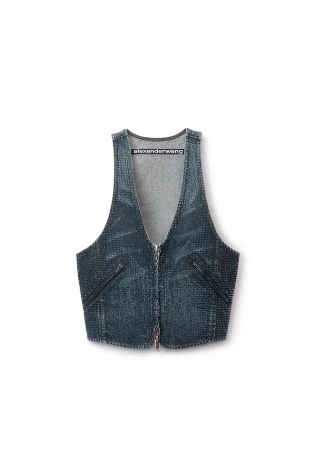 Alexander Wang Denim Clear Crystal Hotfix Vest In Cotton Denim 8211 Women