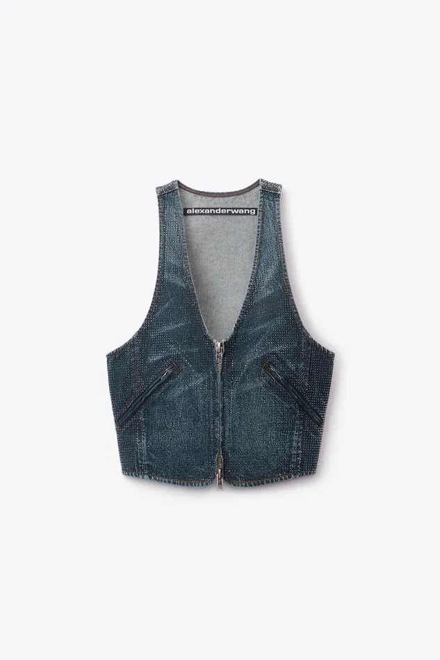 Alexander Wang Denim Clear Crystal Hotfix Vest In Cotton Denim 8211 Women