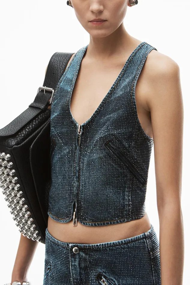 Alexander Wang Denim Clear Crystal Hotfix Vest In Cotton Denim 8211 Women