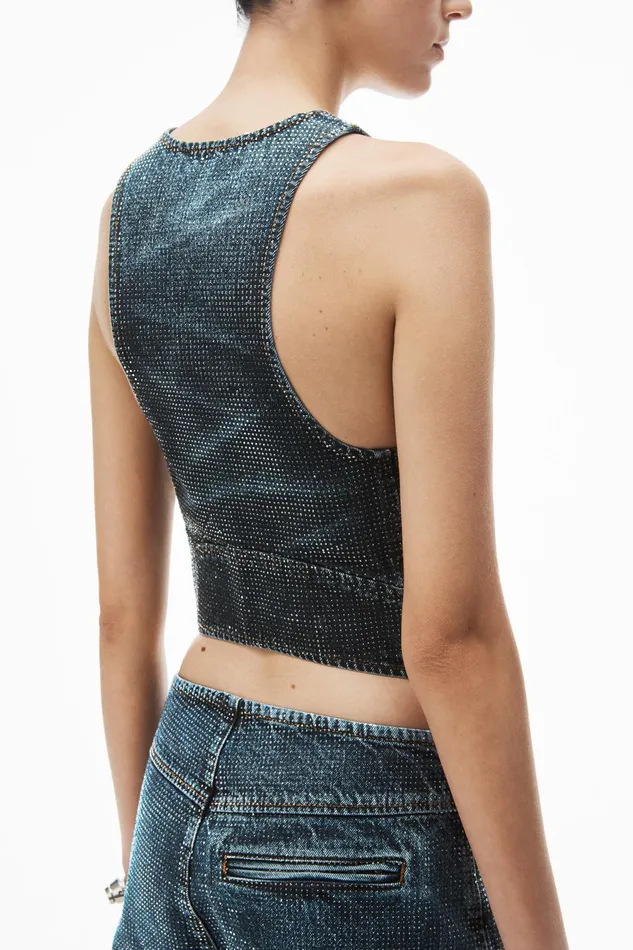 Alexander Wang Denim Clear Crystal Hotfix Vest In Cotton Denim 8211 Women