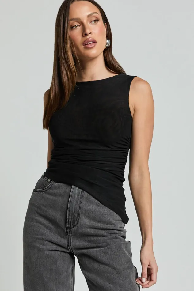 Alexis Top 8211 Boat Neck Ruched Asymmetric Mesh Top In Black Women Showpo Tops