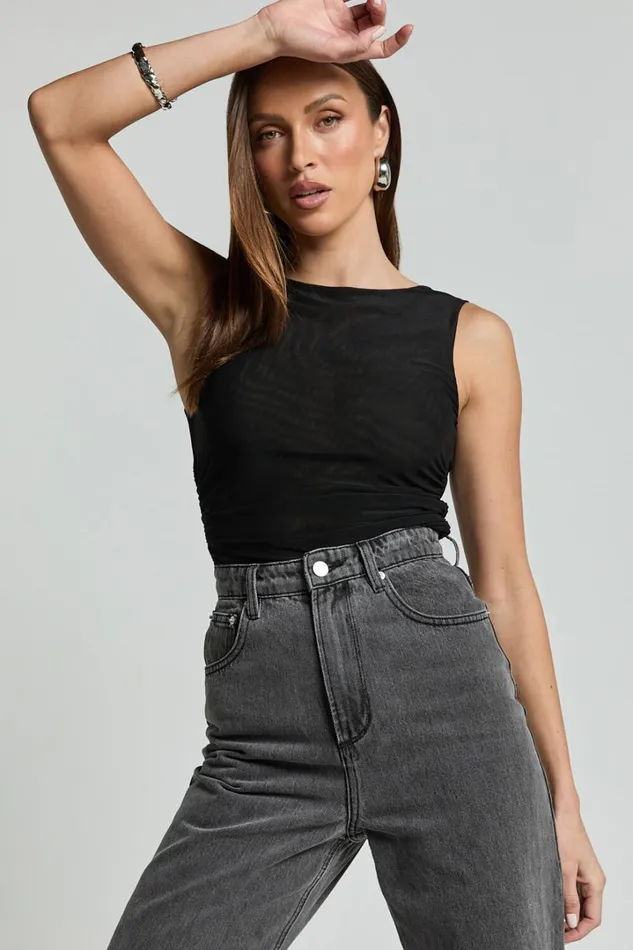 Alexis Top 8211 Boat Neck Ruched Asymmetric Mesh Top In Black Women Showpo Tops