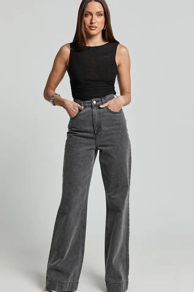 Alexis Top 8211 Boat Neck Ruched Asymmetric Mesh Top In Black Women Showpo Tops