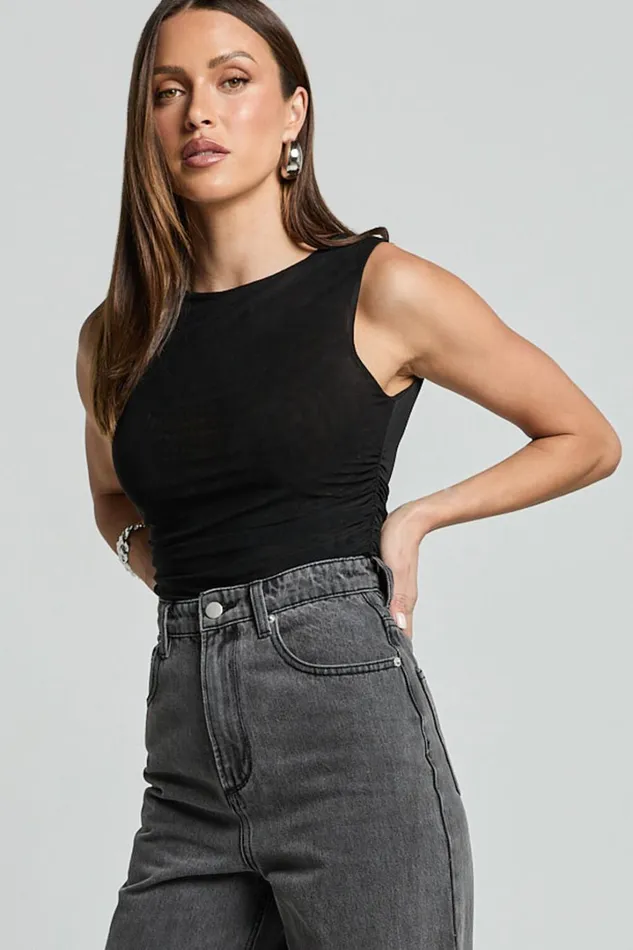 Alexis Top 8211 Boat Neck Ruched Asymmetric Mesh Top In Black Women Showpo Tops