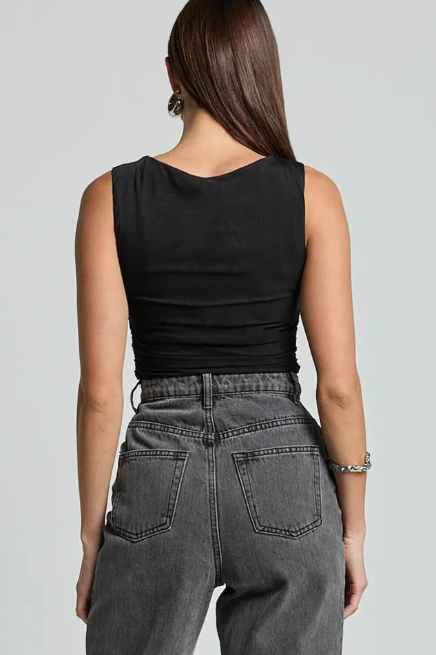 Alexis Top 8211 Boat Neck Ruched Asymmetric Mesh Top In Black Women Showpo Tops