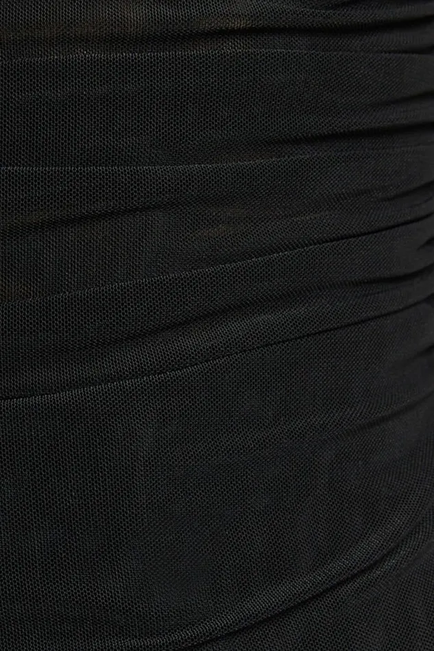 Alexis Top 8211 Boat Neck Ruched Asymmetric Mesh Top In Black Women Showpo Tops