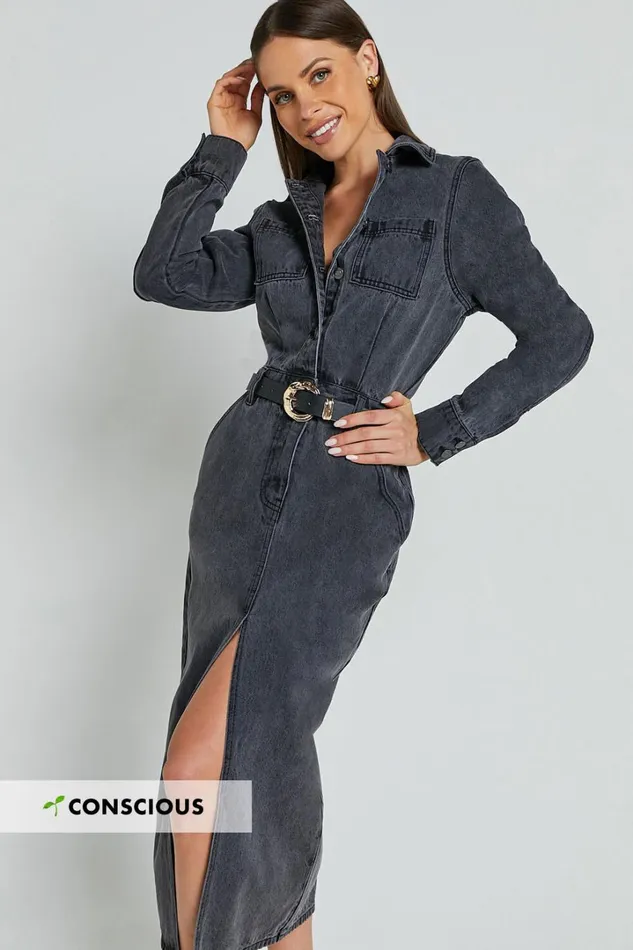 Alison Midi Dress 8211 Long Sleeve Front Split Denim Dress In Washed Black Women Showpo Curve Clothes Alison Midi Dress 8211 Long Sleeve Front Split Denim Dress In Washed Black Women Showpo Curve Clothes