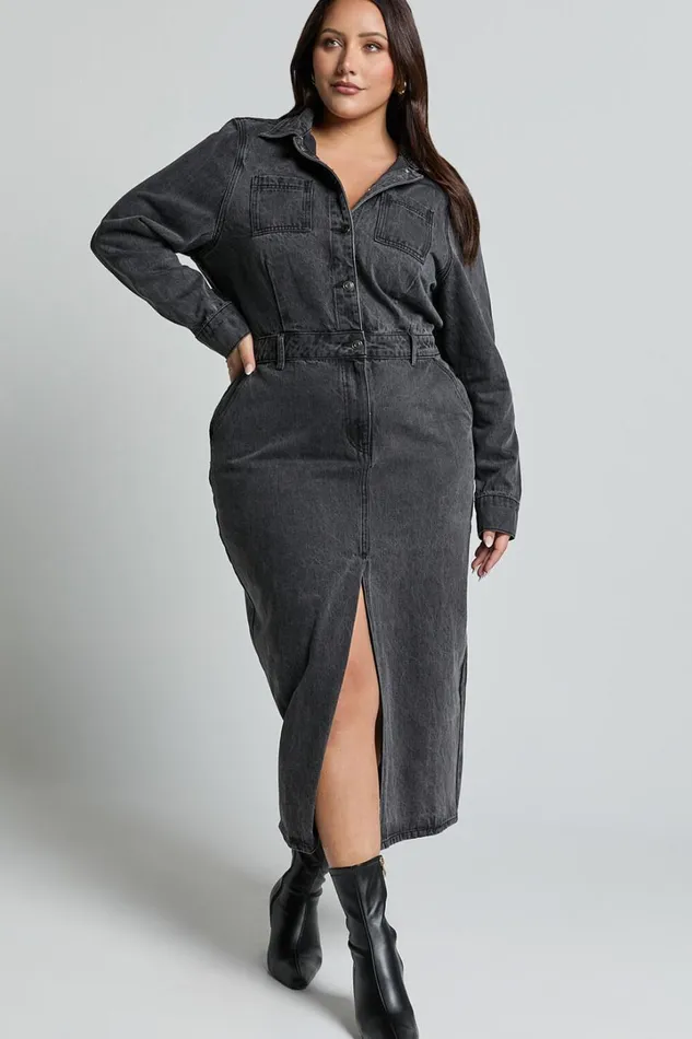 Alison Midi Dress 8211 Long Sleeve Front Split Denim Dress In Washed Black Women Showpo Curve Clothes