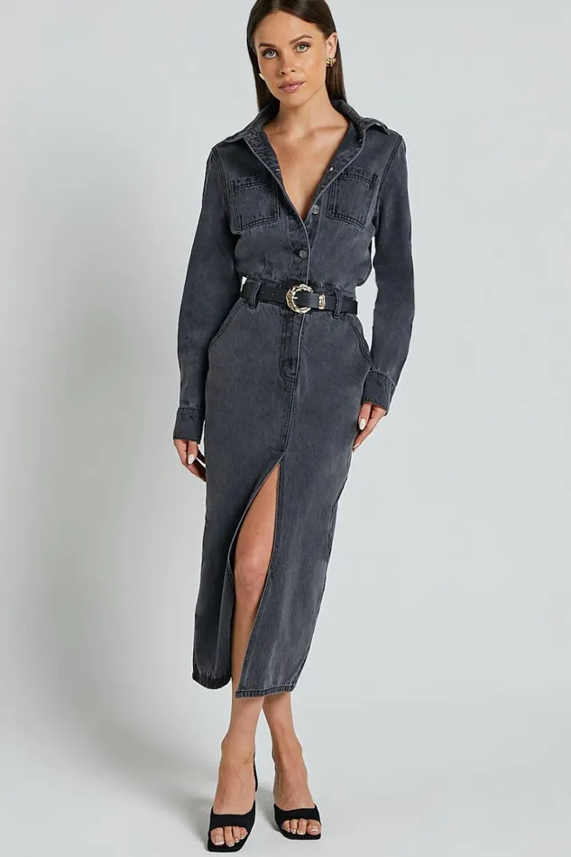 Alison Midi Dress 8211 Long Sleeve Front Split Denim Dress In Washed Black Women Showpo Curve Clothes