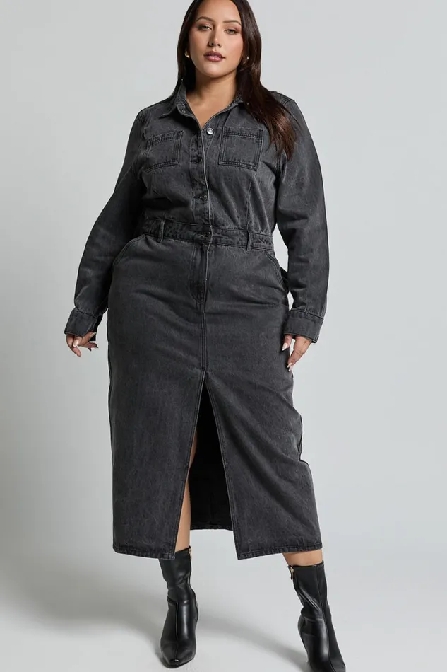 Alison Midi Dress 8211 Long Sleeve Front Split Denim Dress In Washed Black Women Showpo Curve Clothes