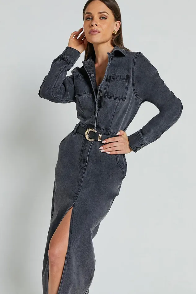 Alison Midi Dress 8211 Long Sleeve Front Split Denim Dress In Washed Black Women Showpo Curve Clothes