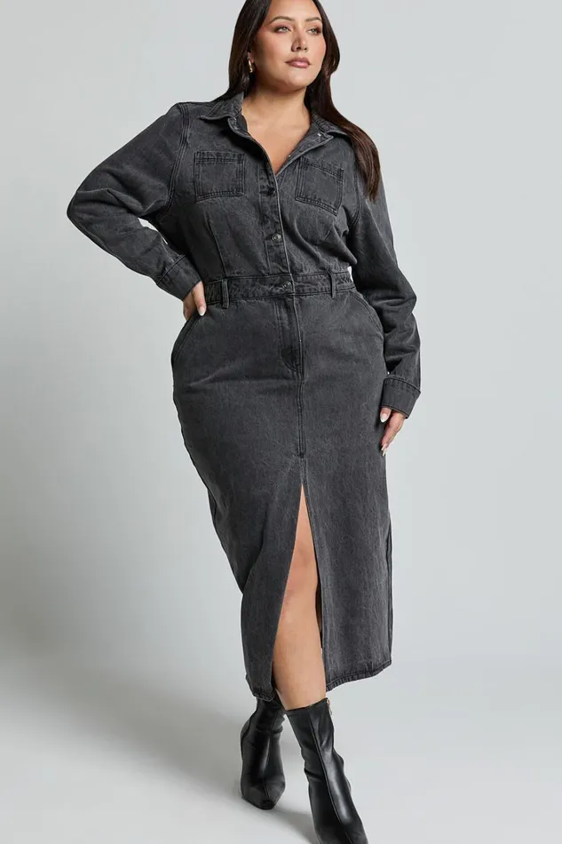 Alison Midi Dress 8211 Long Sleeve Front Split Denim Dress In Washed Black Women Showpo Curve Clothes