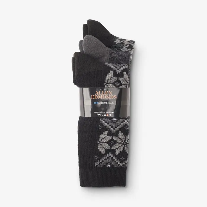 Allen Edmonds Merino Wool Pattern Boot Sock 3 Pack Grey Men Socks