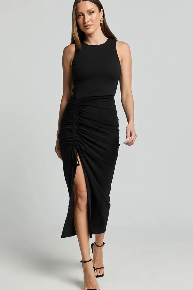 Alona Midi Dress 8211 Sleeveless Bodycon Thigh Split Dress In Black Women Showpo Basics