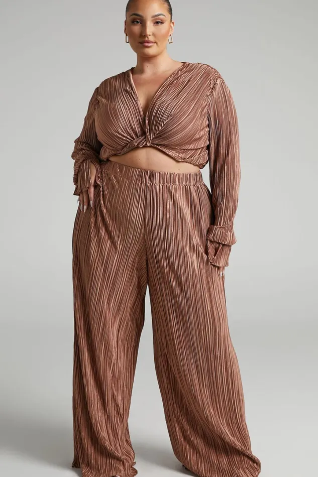 Aluna Two Piece Set 8211 Plisse Twist Front Crop Top And Wide Leg Pants Set In Chocolate Women Showpo Modest Clothing