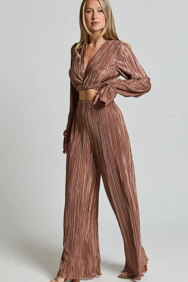 Aluna Two Piece Set 8211 Plisse Twist Front Crop Top And Wide Leg Pants Set In Chocolate Women Showpo Modest Clothing