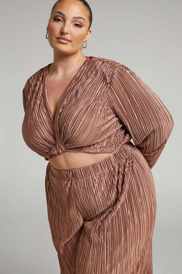 Aluna Two Piece Set 8211 Plisse Twist Front Crop Top And Wide Leg Pants Set In Chocolate Women Showpo Modest Clothing