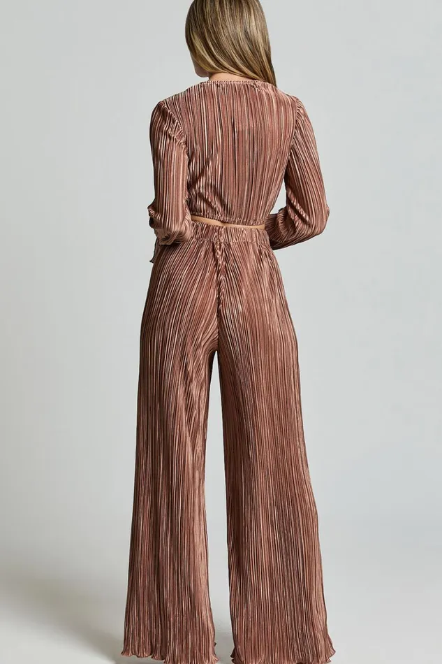 Aluna Two Piece Set 8211 Plisse Twist Front Crop Top And Wide Leg Pants Set In Chocolate Women Showpo Modest Clothing