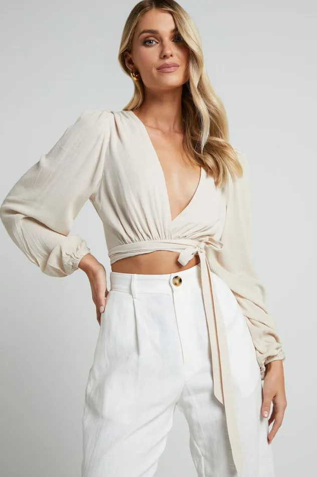 Amaina Top 8211 Plunge Long Sleeve Wrap Top In Sand Women Showpo Curve Clothes