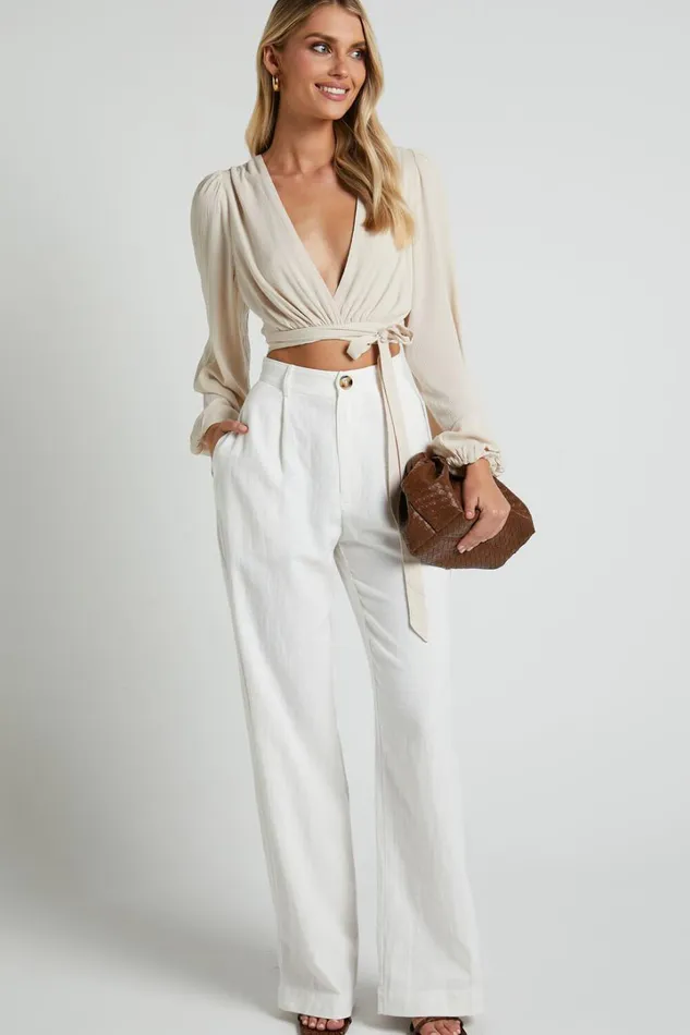 Amaina Top 8211 Plunge Long Sleeve Wrap Top In Sand Women Showpo Curve Clothes