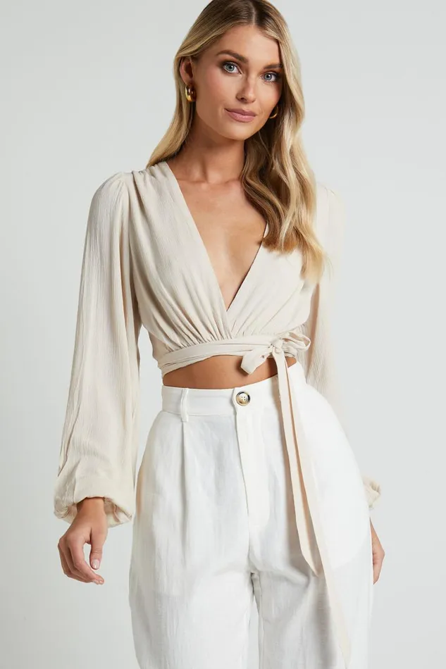 Amaina Top 8211 Plunge Long Sleeve Wrap Top In Sand Women Showpo Curve Clothes