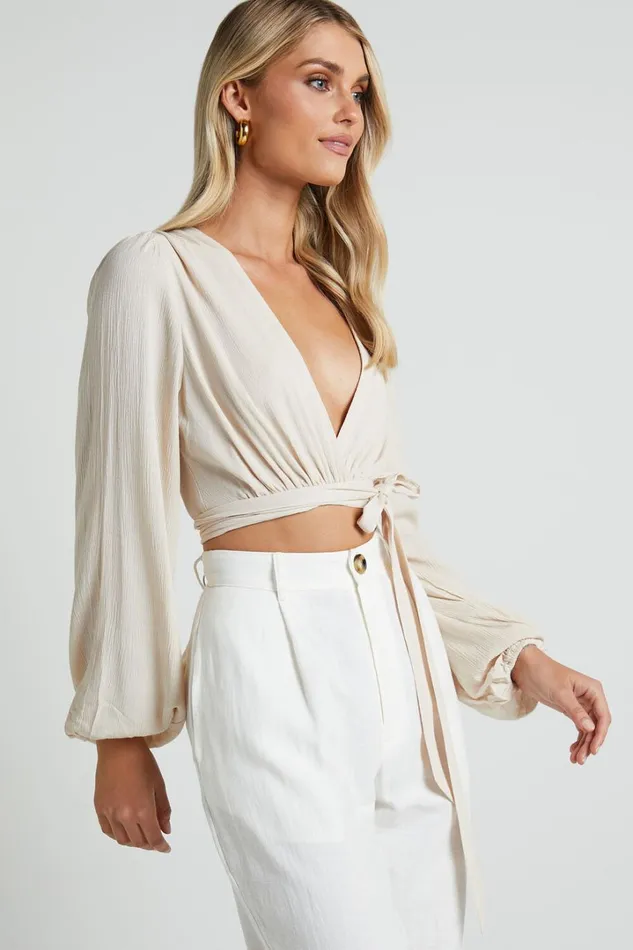 Amaina Top 8211 Plunge Long Sleeve Wrap Top In Sand Women Showpo Curve Clothes