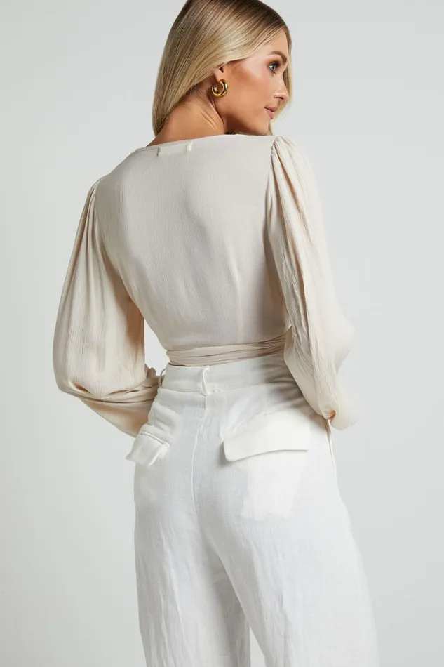 Amaina Top 8211 Plunge Long Sleeve Wrap Top In Sand Women Showpo Curve Clothes