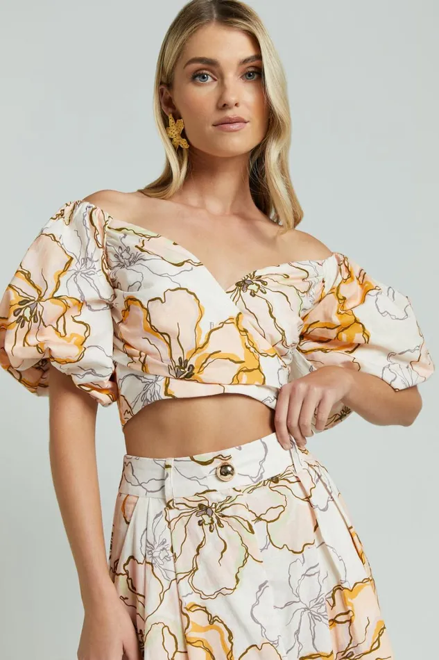 Amalie The Label 8211 Alizee Linen Blend Sweetheart Short Puff Sleeve Crop Top In Maison Fleur Women Showpo Tops
