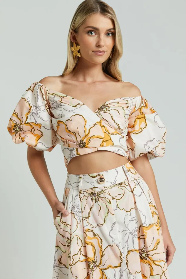 Amalie The Label 8211 Alizee Linen Blend Sweetheart Short Puff Sleeve Crop Top In Maison Fleur Women Showpo Tops