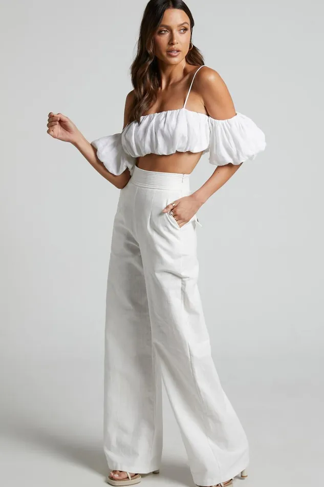 Amalie The Label 8211 Charo Linen Look High Waisted Wide Leg Pants In Warm White Women Showpo Pants
