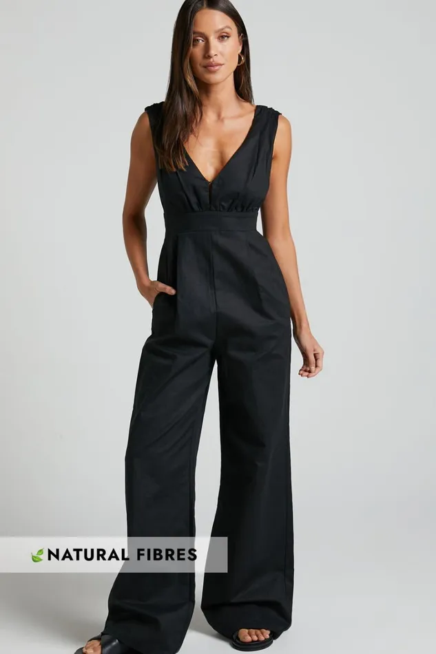 Amalie The Label 8211 Emiliana Linen Blend Plunge Wide Leg Jumpsuit In Black Women Showpo Jumpsuits