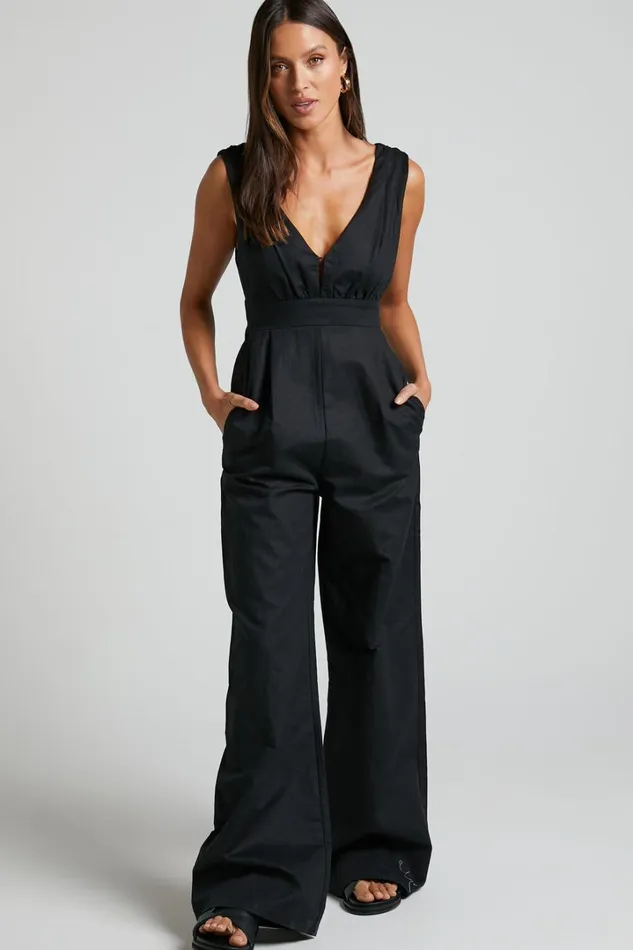 Amalie The Label 8211 Emiliana Linen Blend Plunge Wide Leg Jumpsuit In Black Women Showpo Jumpsuits