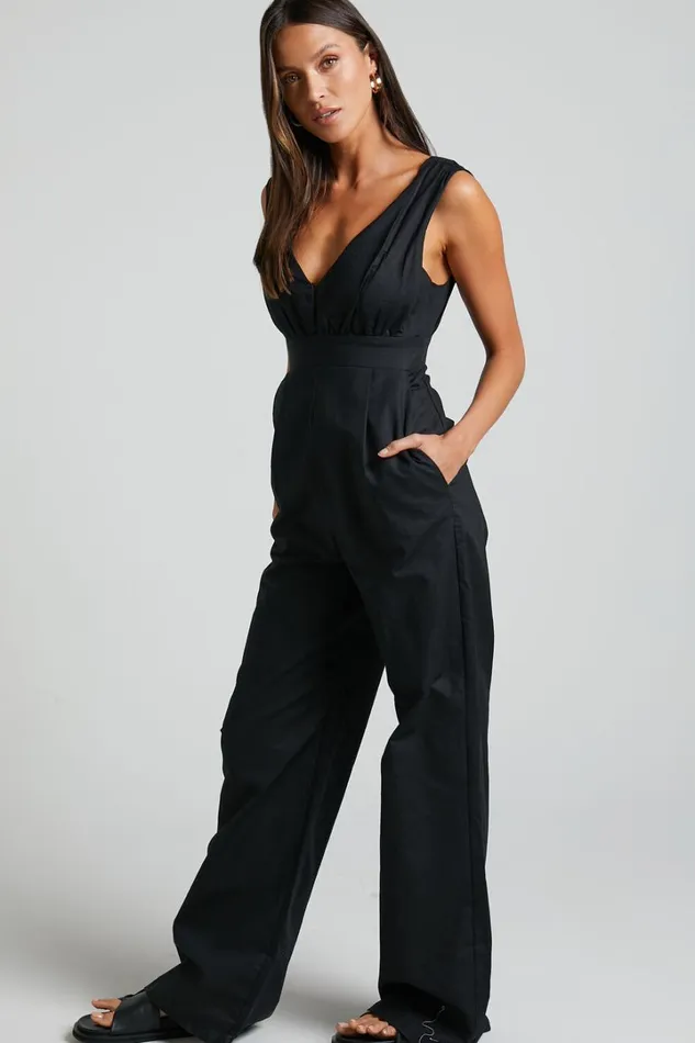 Amalie The Label 8211 Emiliana Linen Blend Plunge Wide Leg Jumpsuit In Black Women Showpo Jumpsuits