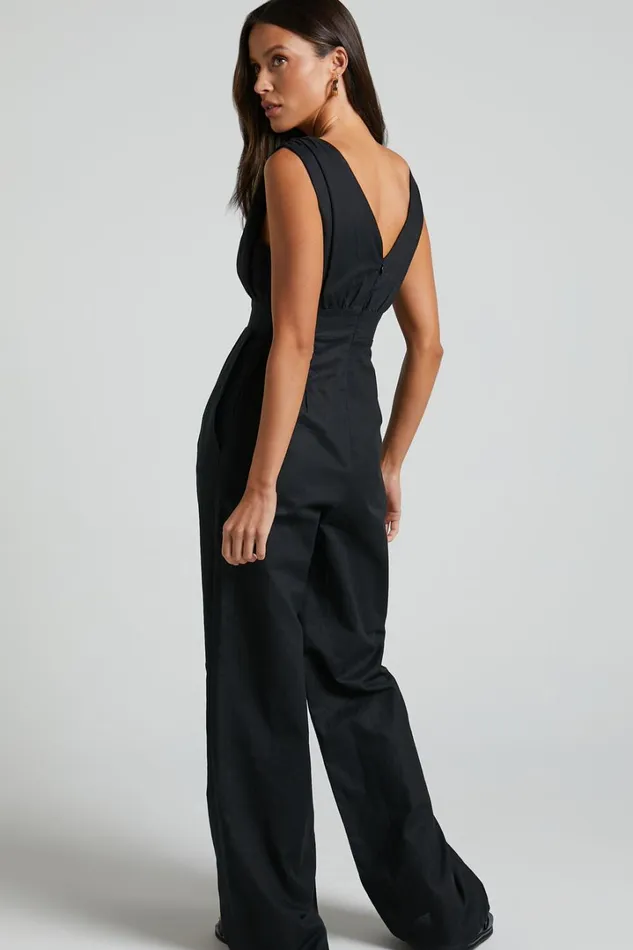 Amalie The Label 8211 Emiliana Linen Blend Plunge Wide Leg Jumpsuit In Black Women Showpo Jumpsuits