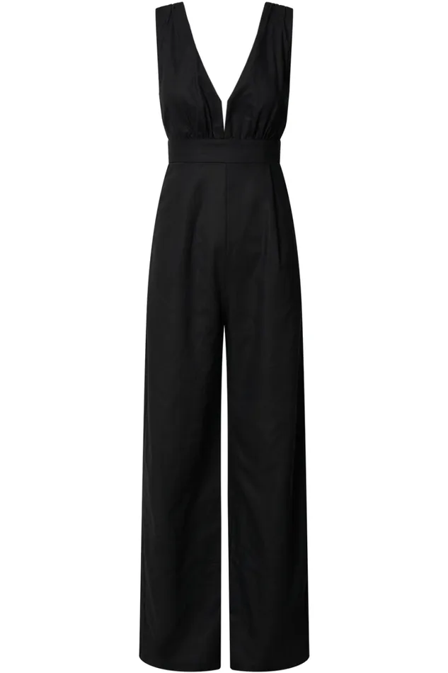 Amalie The Label 8211 Emiliana Linen Blend Plunge Wide Leg Jumpsuit In Black Women Showpo Jumpsuits